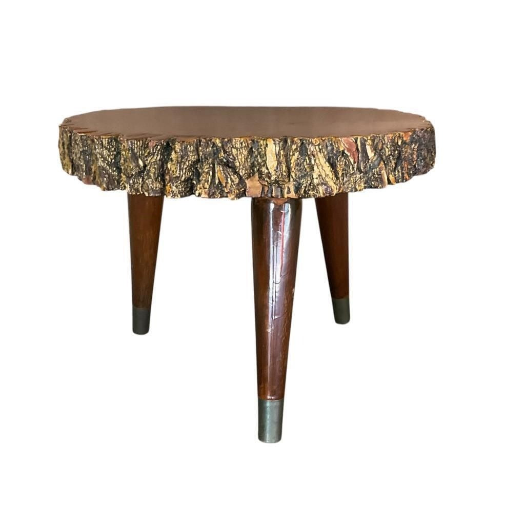 Mid Century Live Edge Stool With Tree Slice Top & Brass-Capped Legs