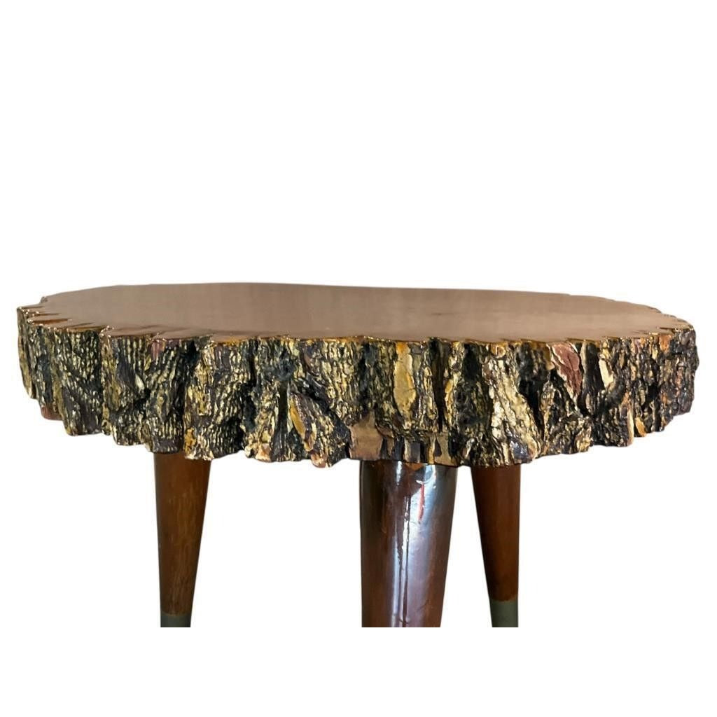 Mid Century Live Edge Stool With Tree Slice Top & Brass-Capped Legs