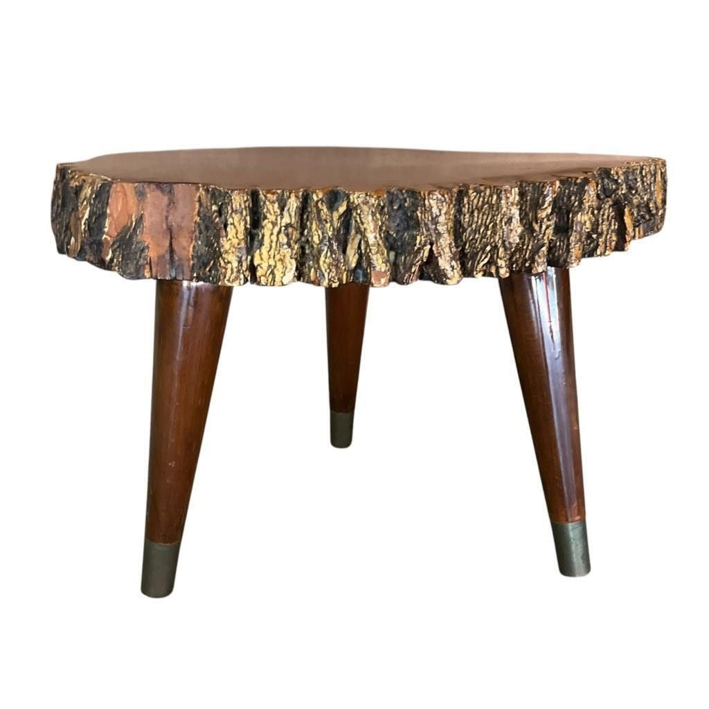 Mid Century Live Edge Stool With Tree Slice Top & Brass-Capped Legs