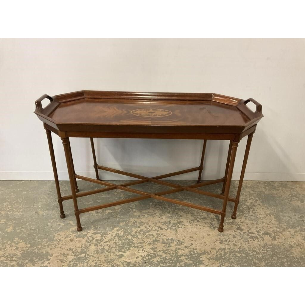 Vintage Mahogany Butlers Tray Table With Intricate Inlay