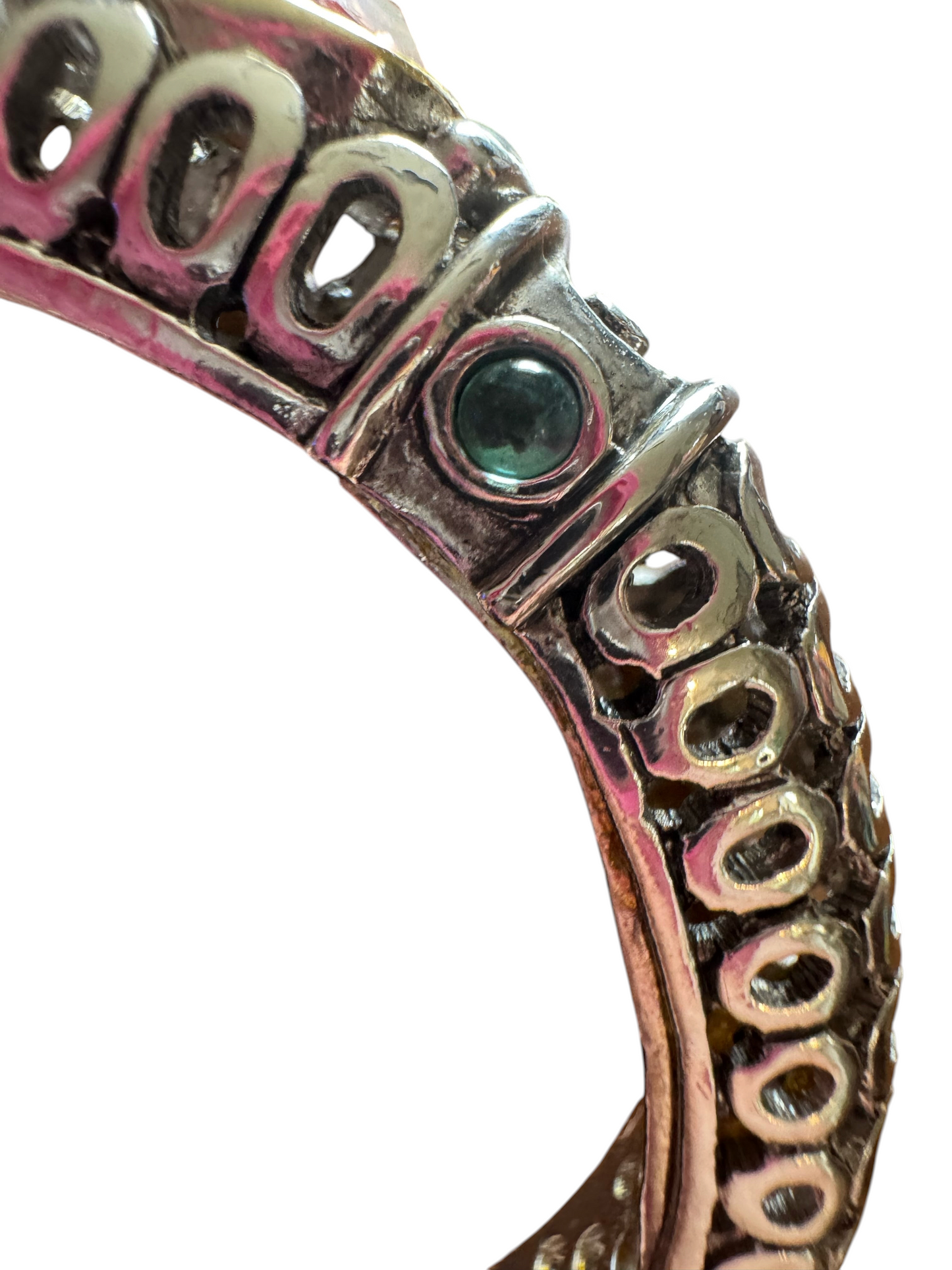 Harriet Rose's Home silver-tone metal cuff bracelet with intricate lattice design and a small green accent stone