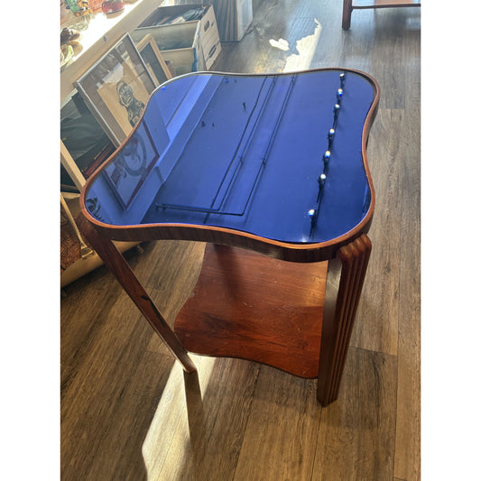 Vintage 1930s Kidney-Shaped Coffee Table and Side Table With Blue Glass Top & Wooden Frame, 2 pieces
