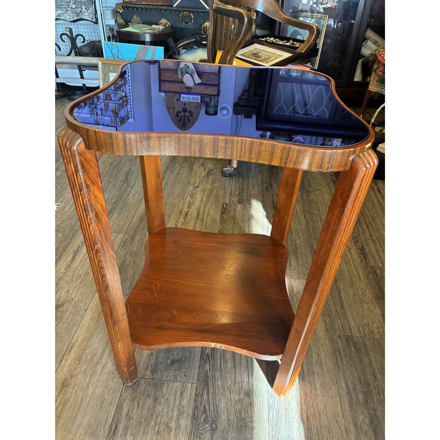Vintage 1930s Kidney-Shaped Coffee Table and Side Table With Blue Glass Top & Wooden Frame, 2 pieces