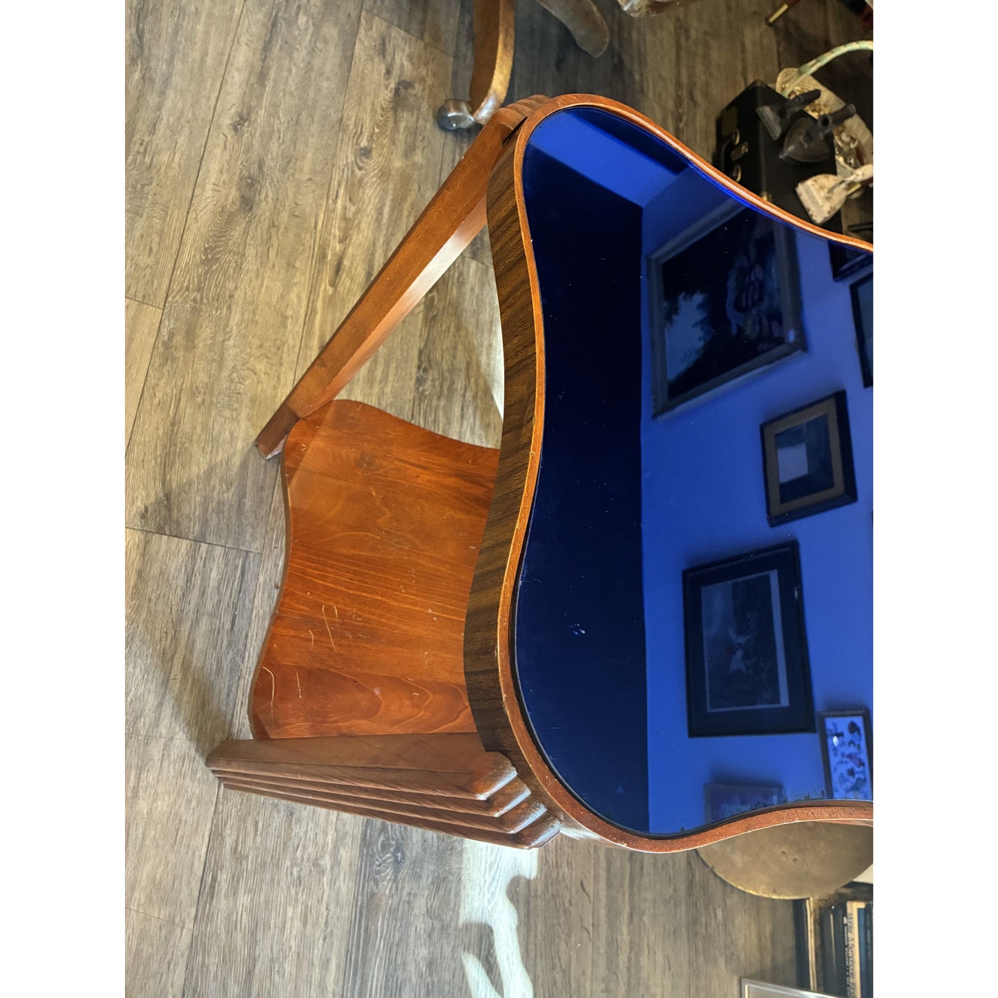 Vintage 1930s Kidney-Shaped Coffee Table and Side Table With Blue Glass Top & Wooden Frame, 2 pieces