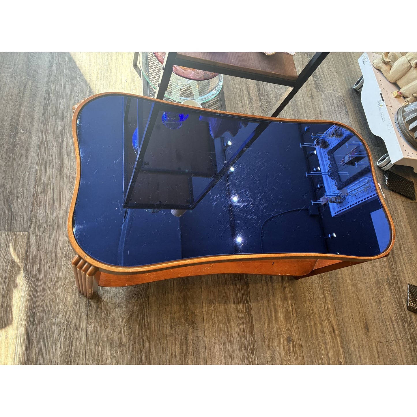 Vintage 1930s Kidney-Shaped Coffee Table and Side Table With Blue Glass Top & Wooden Frame, 2 pieces