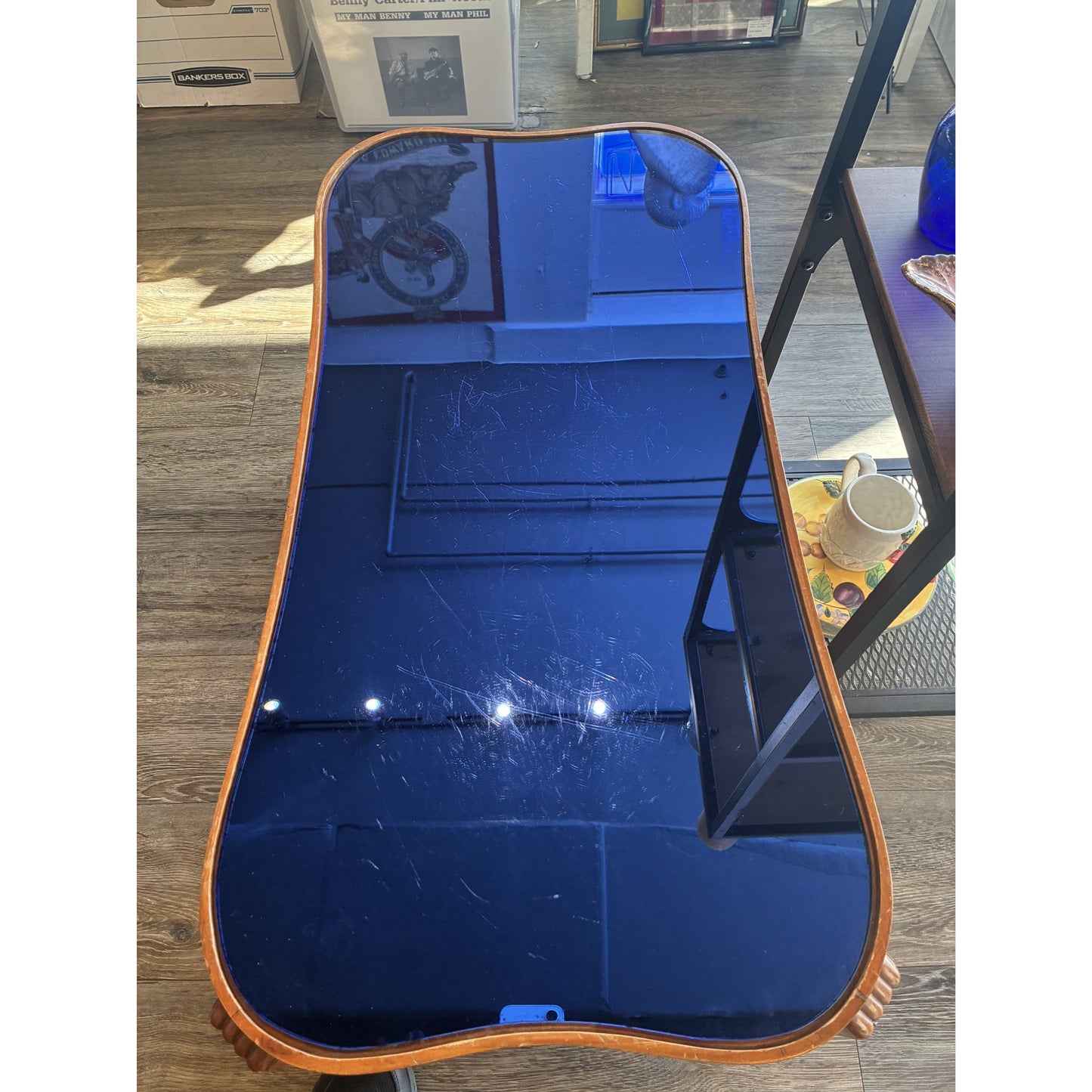 Vintage 1930s Kidney-Shaped Coffee Table and Side Table With Blue Glass Top & Wooden Frame, 2 pieces