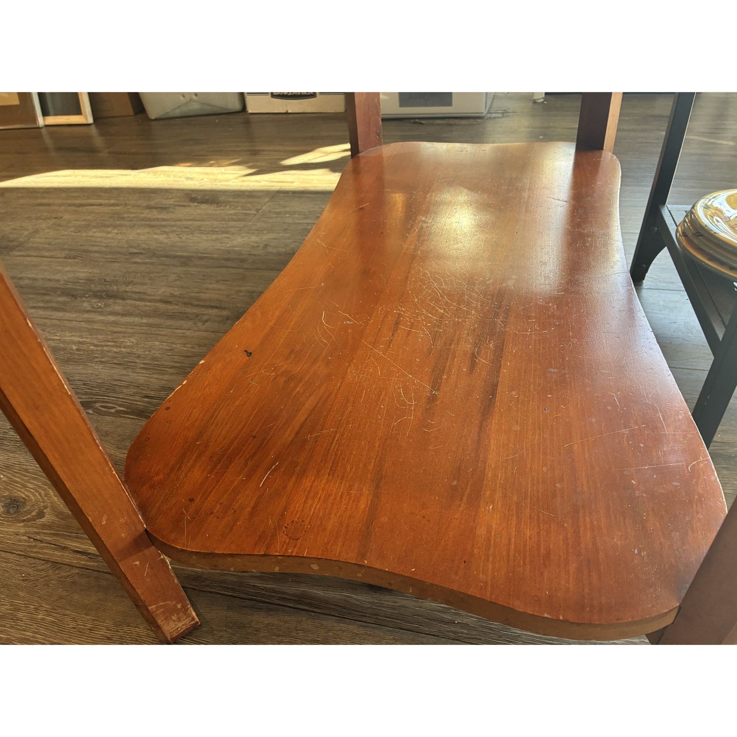 Vintage 1930s Kidney-Shaped Coffee Table and Side Table With Blue Glass Top & Wooden Frame, 2 pieces