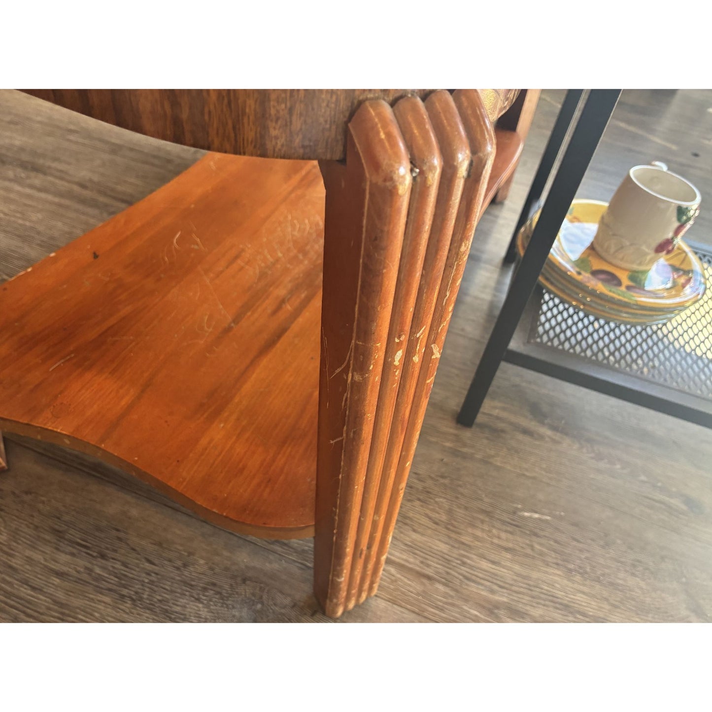 Vintage 1930s Kidney-Shaped Coffee Table and Side Table With Blue Glass Top & Wooden Frame, 2 pieces