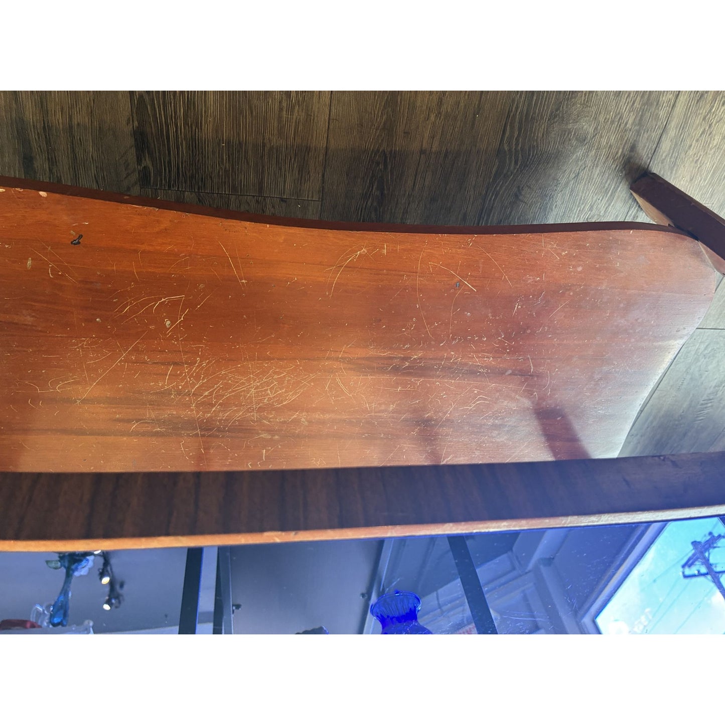 Vintage 1930s Kidney-Shaped Coffee Table and Side Table With Blue Glass Top & Wooden Frame, 2 pieces