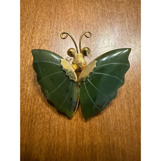 1960's Gold-Tone & Green Jade Butterfly Brooch Pin