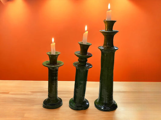 Handmade Moroccan Vintage Tamegroute Green Candlestick Holders: Set of 3 Ceramic Glazed Pottery
