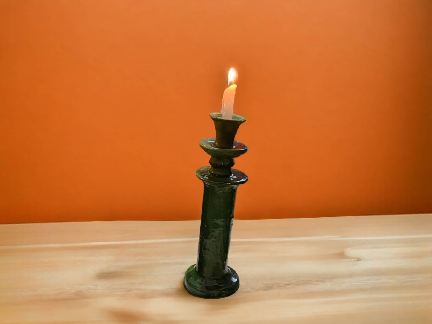 Handmade Moroccan Vintage Tamegroute Green Candlestick Holders: Set of 3 Ceramic Glazed Pottery