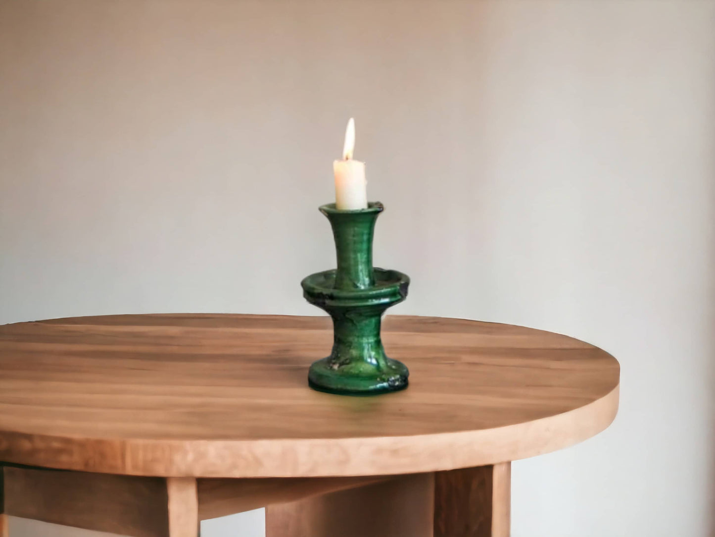 Set Of Two Handmade Moroccan Vintage Tamegroute X-Small Green Candlestick Holders
