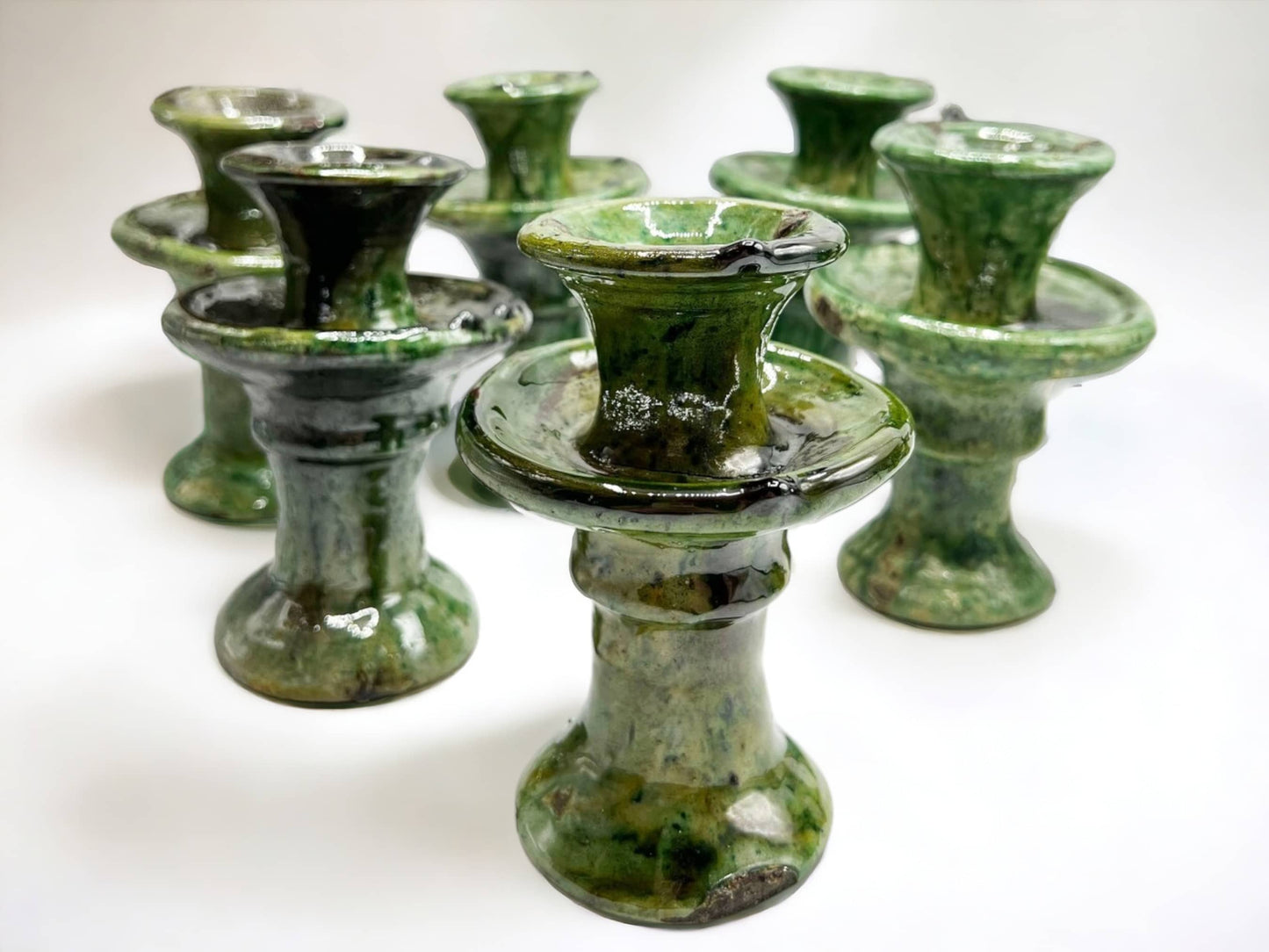 Set Of Two Handmade Moroccan Vintage Tamegroute X-Small Green Candlestick Holders