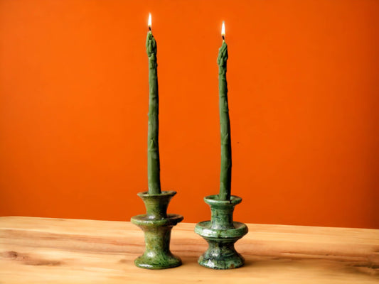 Set Of Two Handmade Moroccan Vintage Tamegroute X-Small Green Candlestick Holders