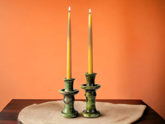 Handmade Moroccan Vintage Tamegroute Green Candlestick Holders: Set of 2 Small Ceramic Glazed Pottery