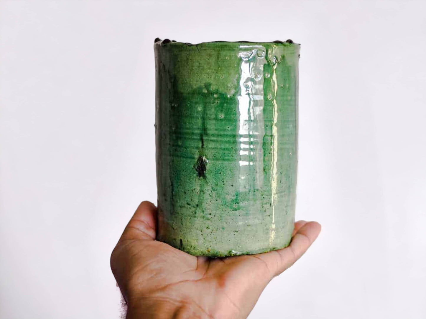 Handmade Moroccan Vintage Shaded Green Glaze Tamegroute Planter/Pot: Unique Ceramic Pottery for Plants