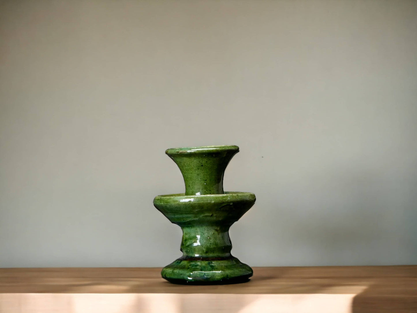 Set Of Two Handmade Moroccan Vintage Tamegroute X-Small Green Candlestick Holders