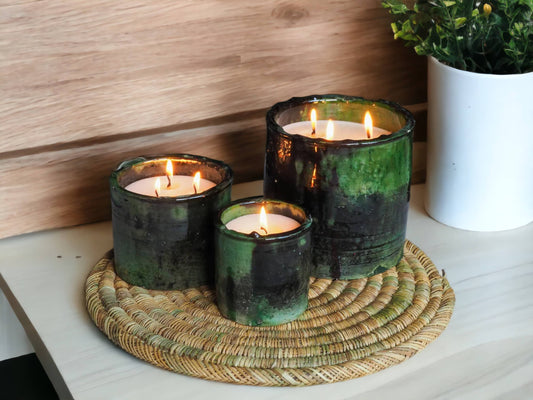 Luxury Handmade Moroccan Shaded Green Tamegroute Scented Soy Wax Candle with Ceramic Holder