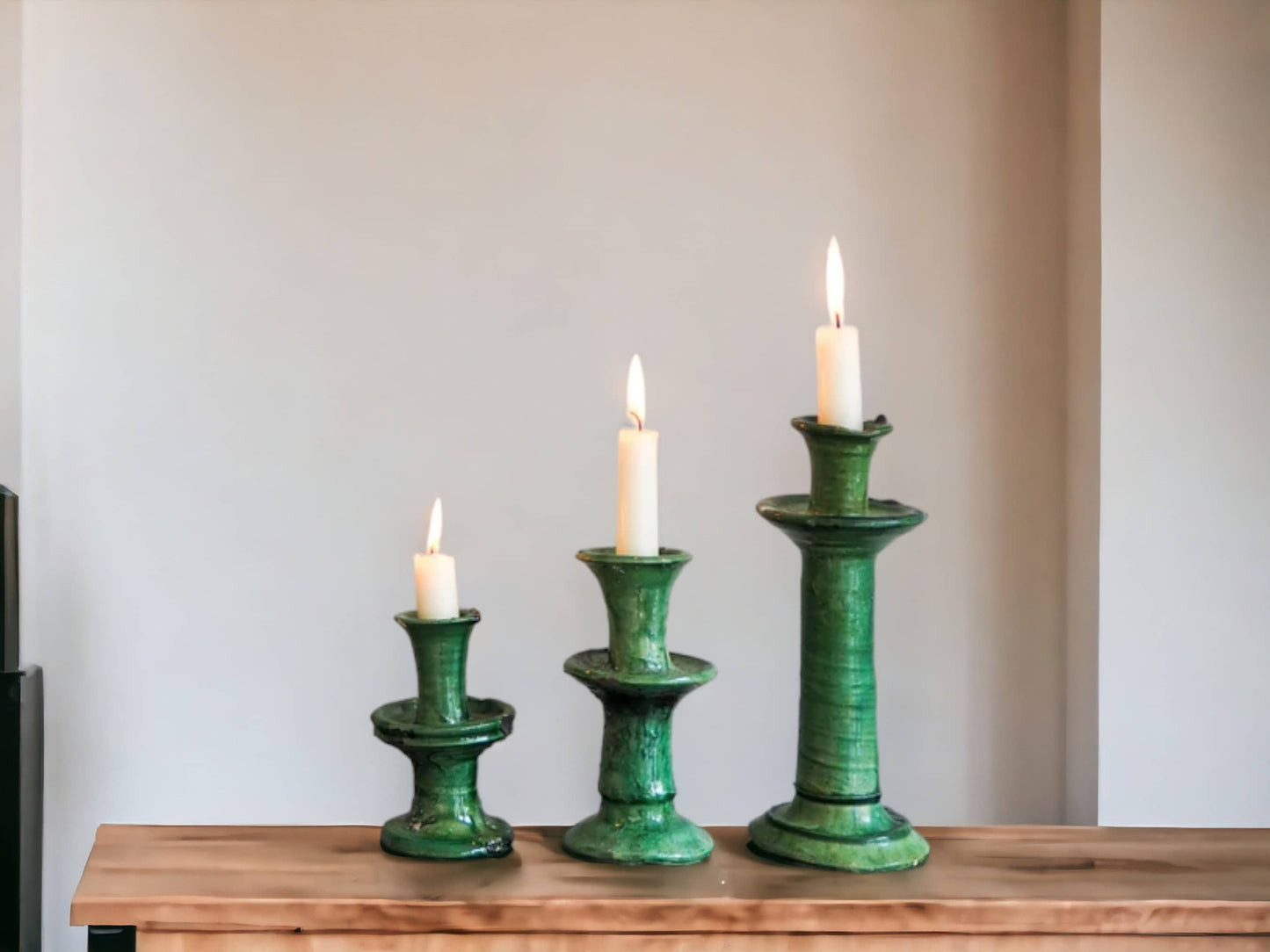 Set Of Two Handmade Moroccan Vintage Tamegroute X-Small Green Candlestick Holders