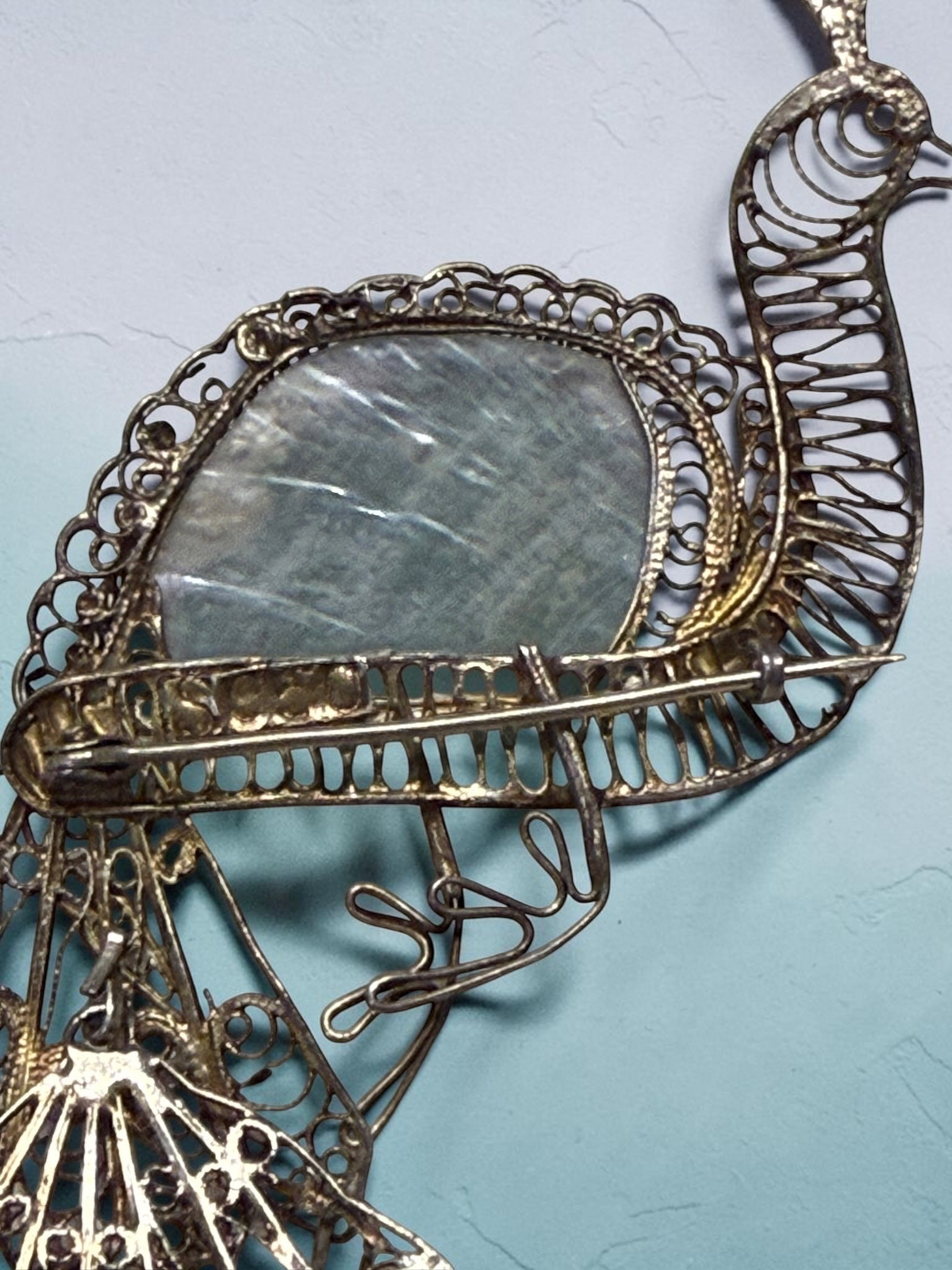 Vintage .950 Silver Filigree Peacock Brooch with Abalone Shell