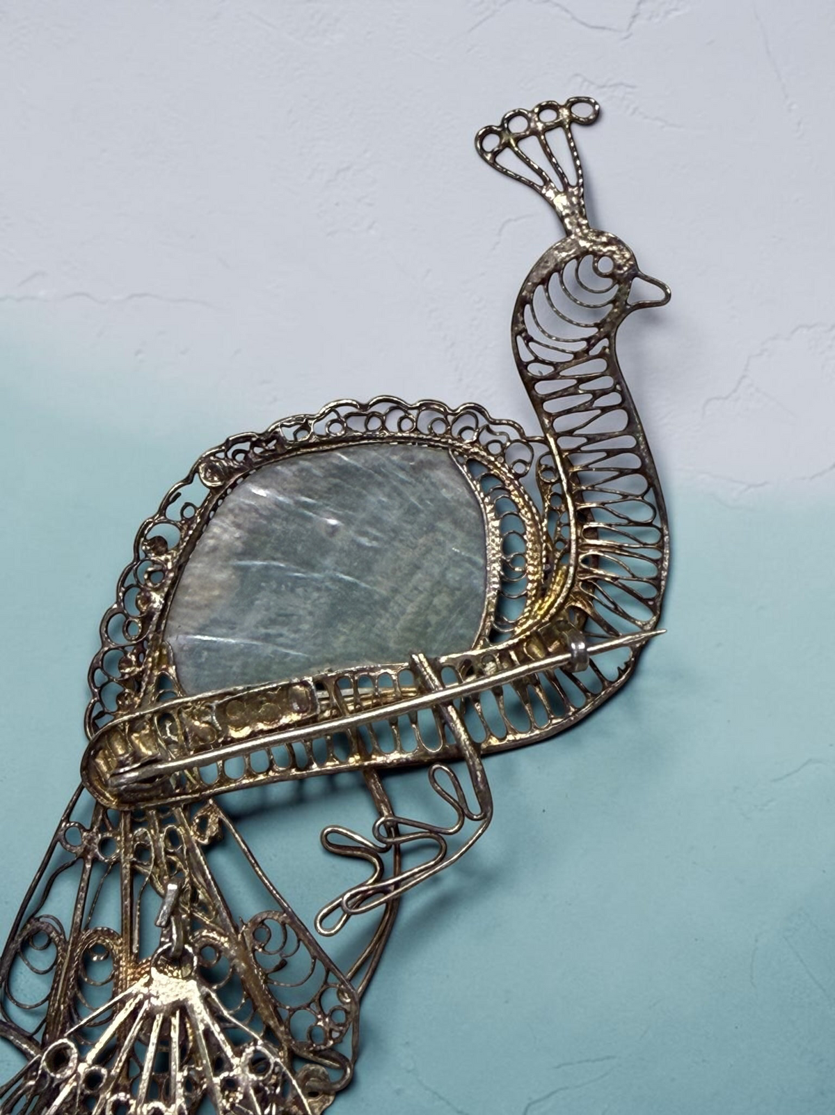 Vintage .950 Silver Filigree Peacock Brooch with Abalone Shell
