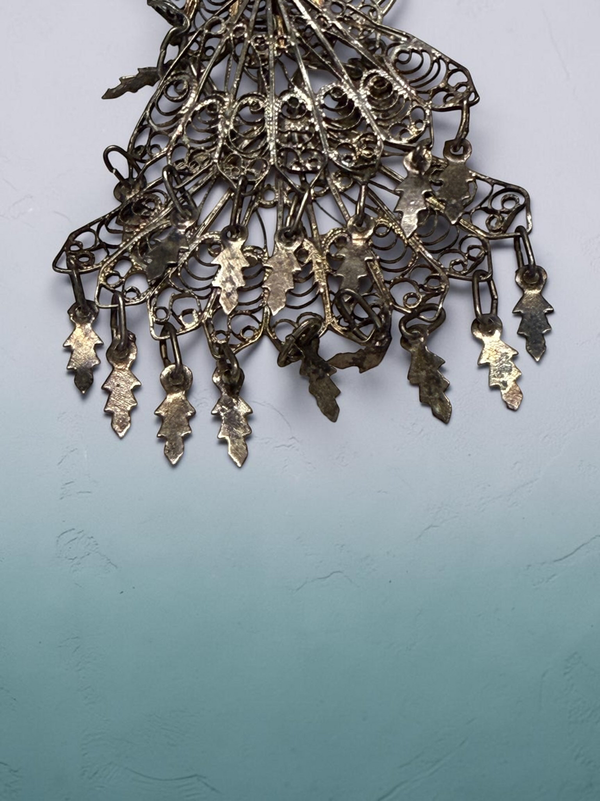 Vintage .950 Silver Filigree Peacock Brooch with Abalone Shell