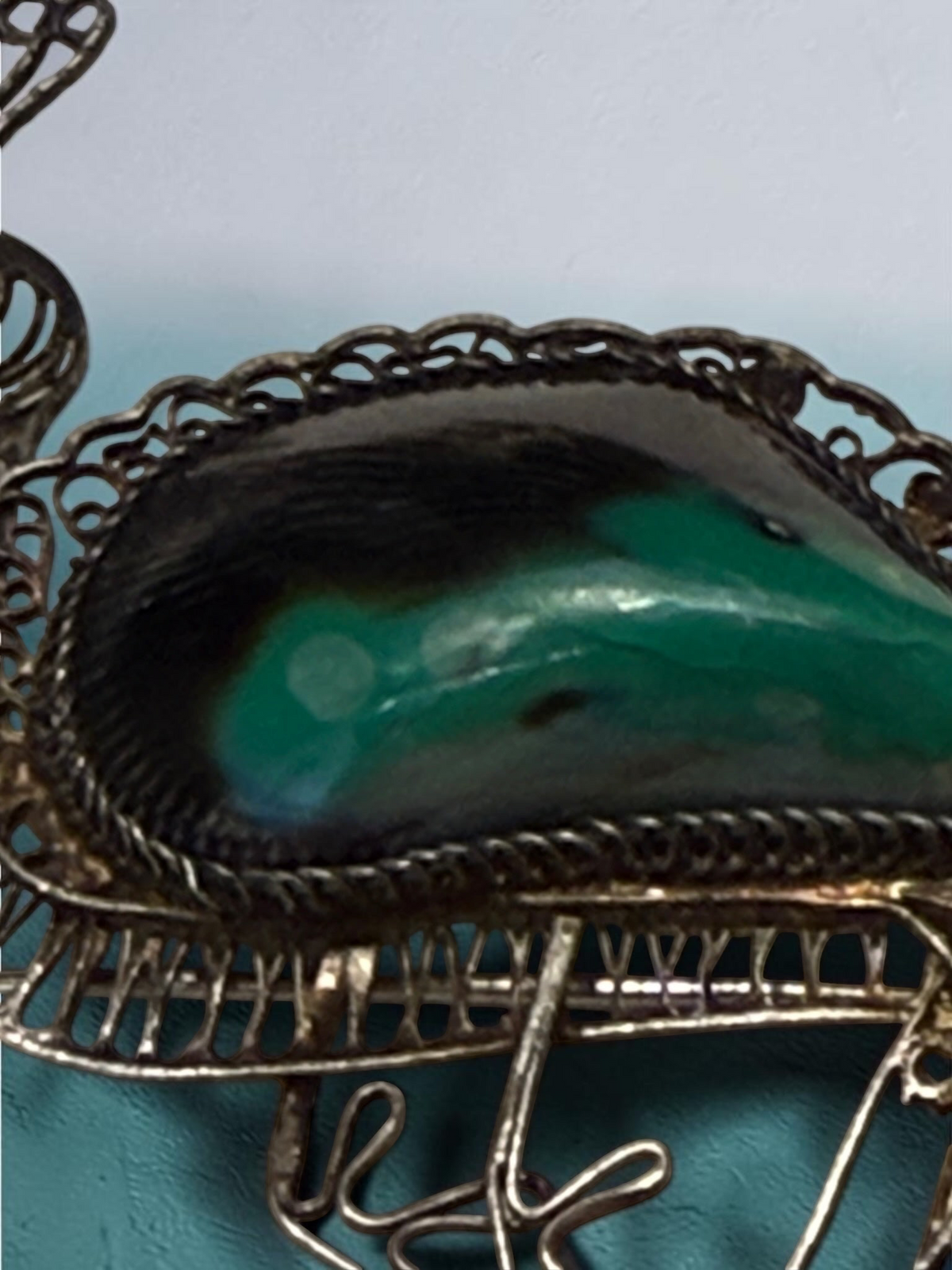 Vintage .950 Silver Filigree Peacock Brooch with Abalone Shell