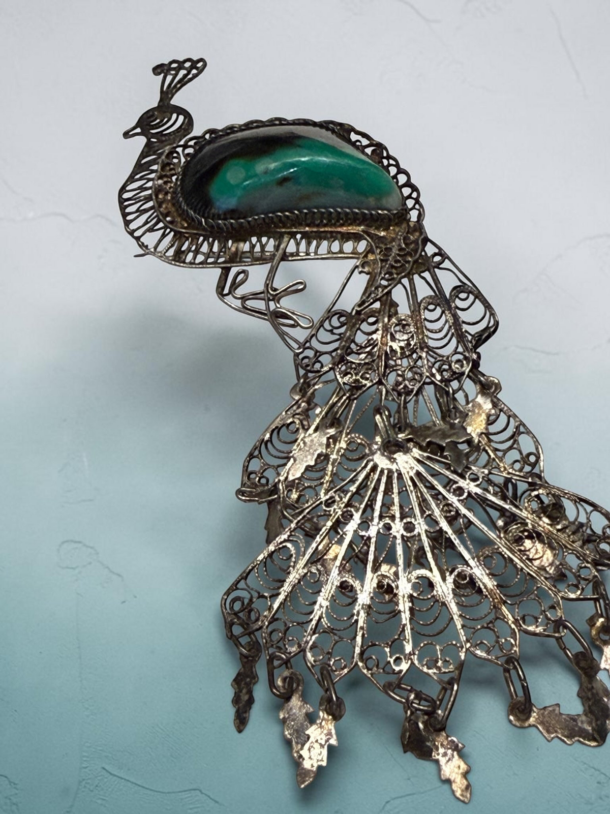 Vintage .950 Silver Filigree Peacock Brooch with Abalone Shell