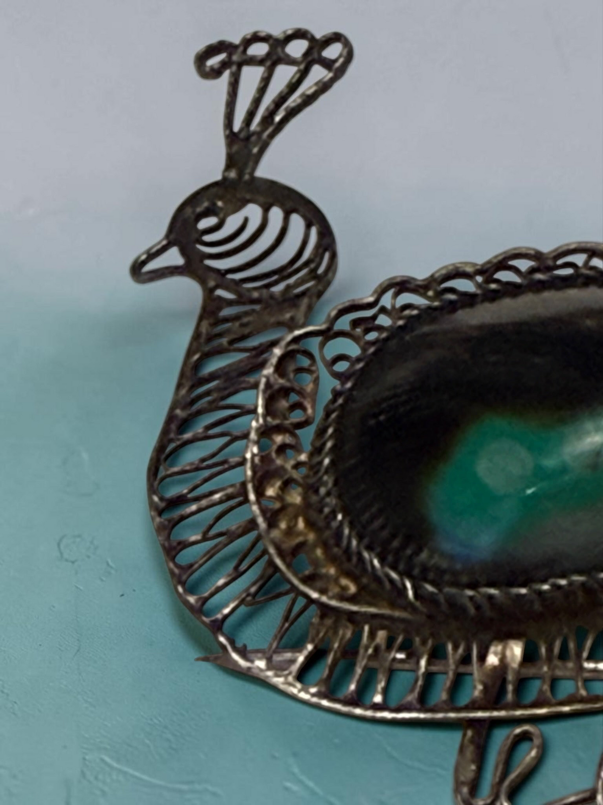 Vintage .950 Silver Filigree Peacock Brooch with Abalone Shell