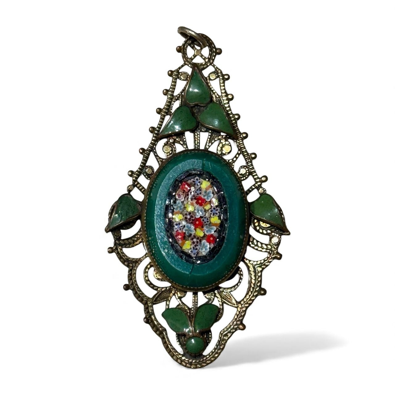 Art Deco Enamel Filigree Peking Glass Ultra Micro Mosaic Brass Pendant