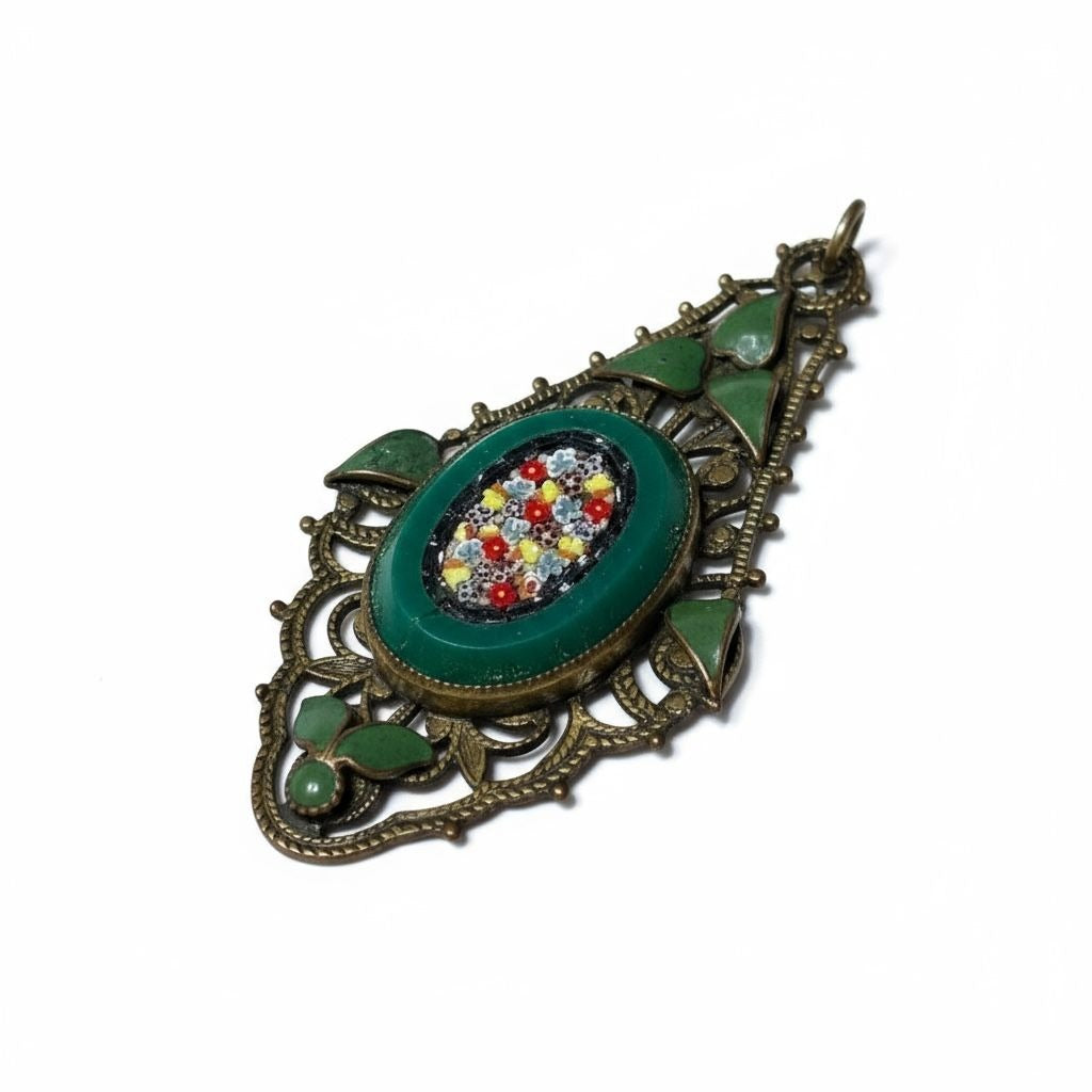 Art Deco Enamel Filigree Peking Glass Ultra Micro Mosaic Brass Pendant