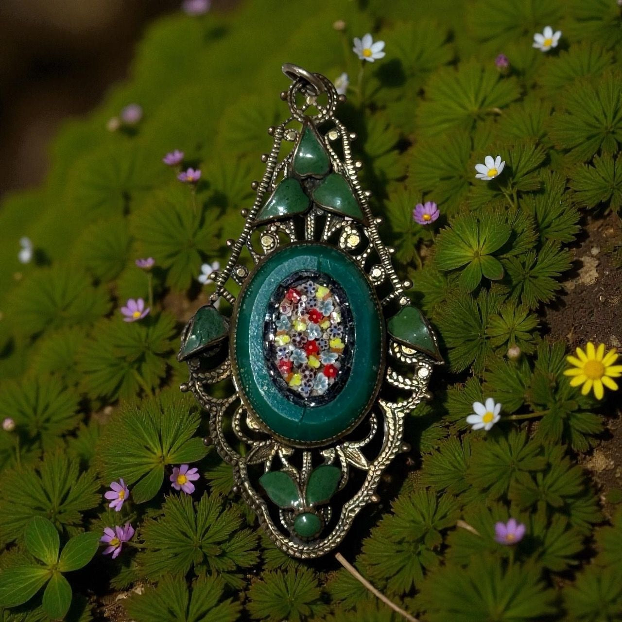 Art Deco Enamel Filigree Peking Glass Ultra Micro Mosaic Brass Pendant