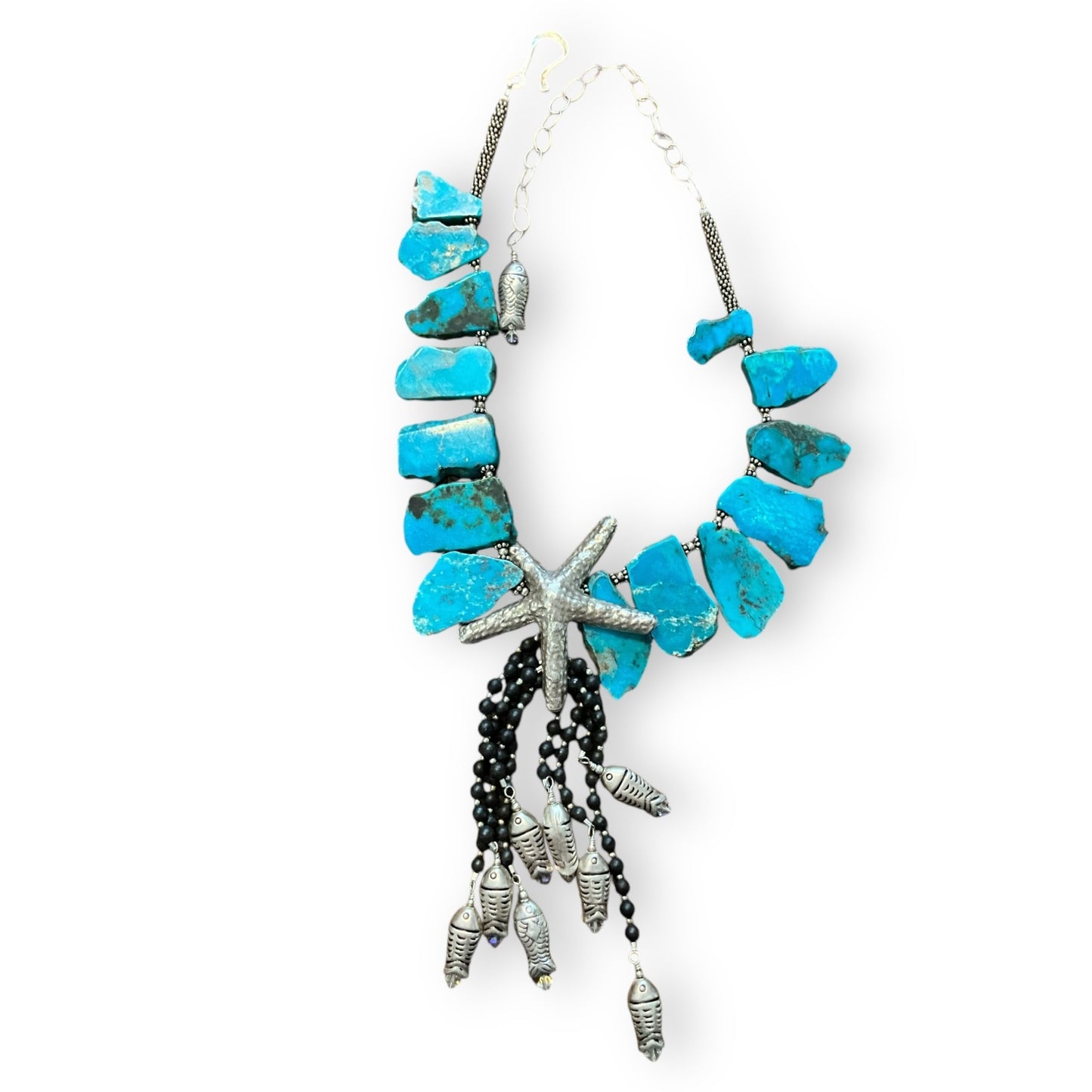Vintage Turquoise & Silver Starfish Pendant Necklace With Silver Fish Charms