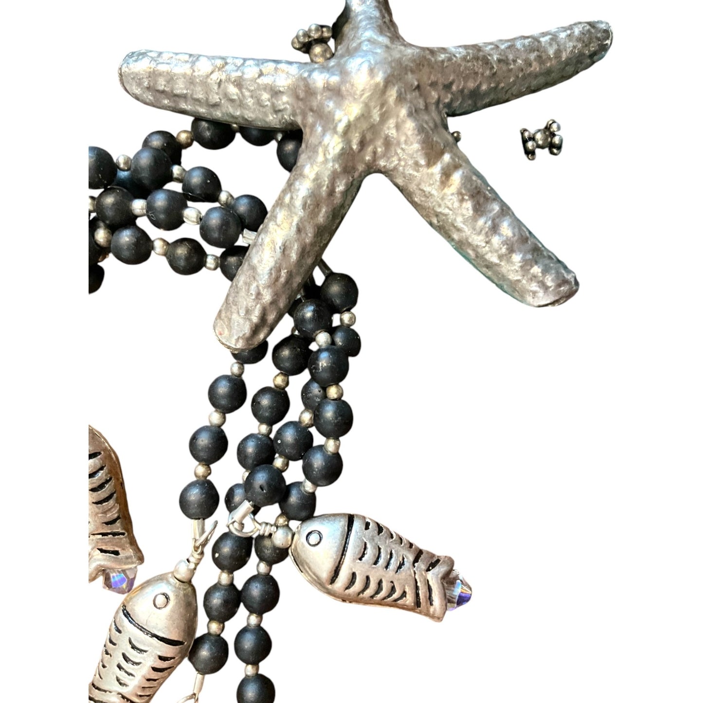 Vintage Turquoise & Silver Starfish Pendant Necklace With Silver Fish Charms