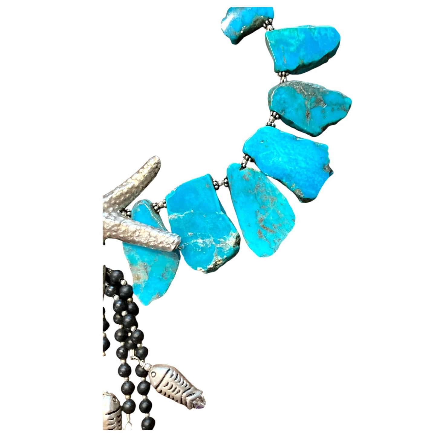 Vintage Turquoise & Silver Starfish Pendant Necklace With Silver Fish Charms
