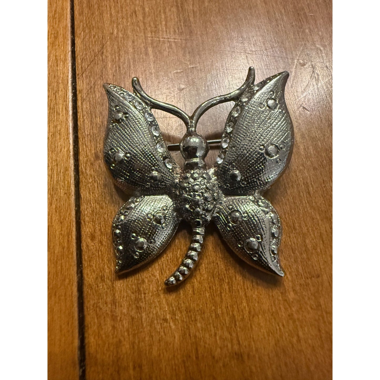 1950's Silver-Tone Butterfly Brooch With Rhinestone Accents