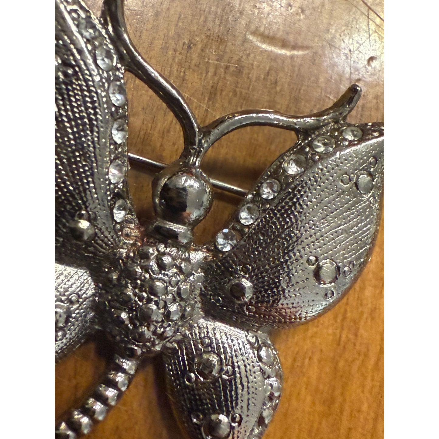 1950's Silver-Tone Butterfly Brooch With Rhinestone Accents
