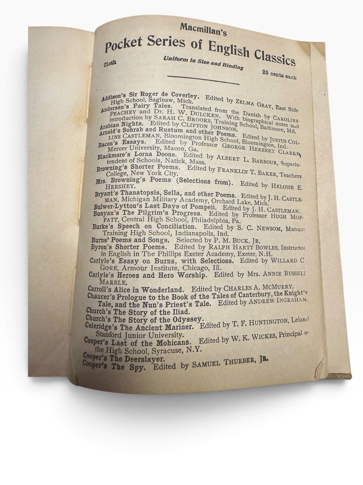 Vintage 1911 Macmillan Pocket Classics book advertisement page listing various English literature titles.