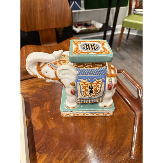 Vintage Ceramic Elephant Plant Stand Figurine With Asian Motif Design