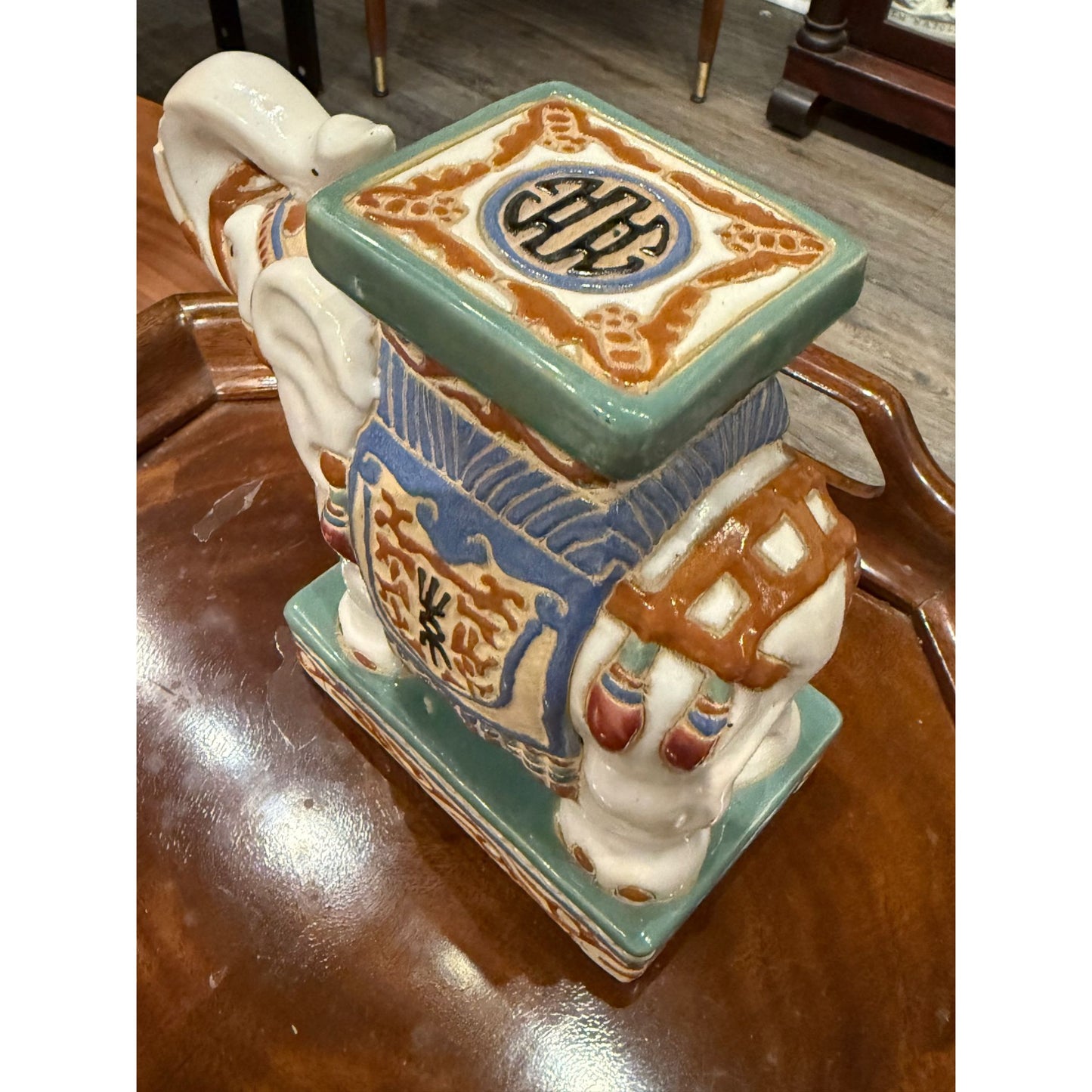 Vintage Ceramic Elephant Plant Stand Figurine With Asian Motif Design