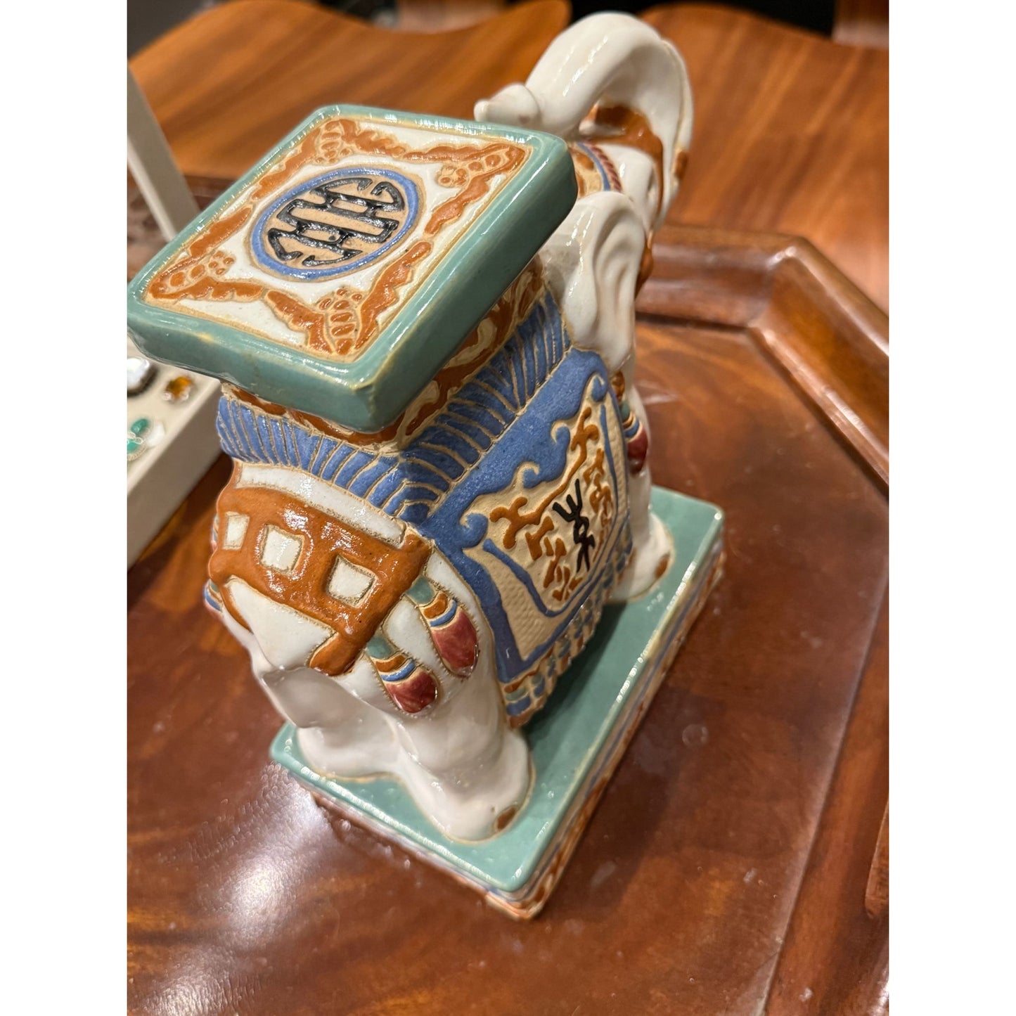 Vintage Ceramic Elephant Plant Stand Figurine With Asian Motif Design