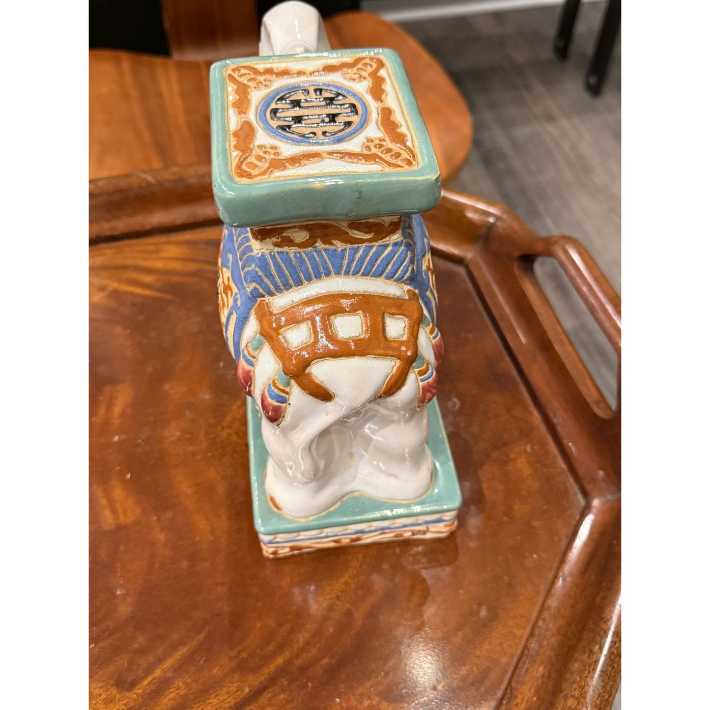 Vintage Ceramic Elephant Plant Stand Figurine With Asian Motif Design