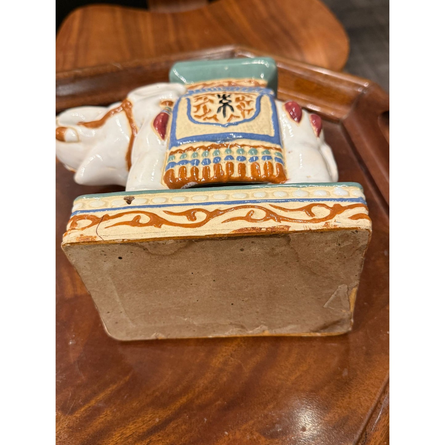 Vintage Ceramic Elephant Plant Stand Figurine With Asian Motif Design