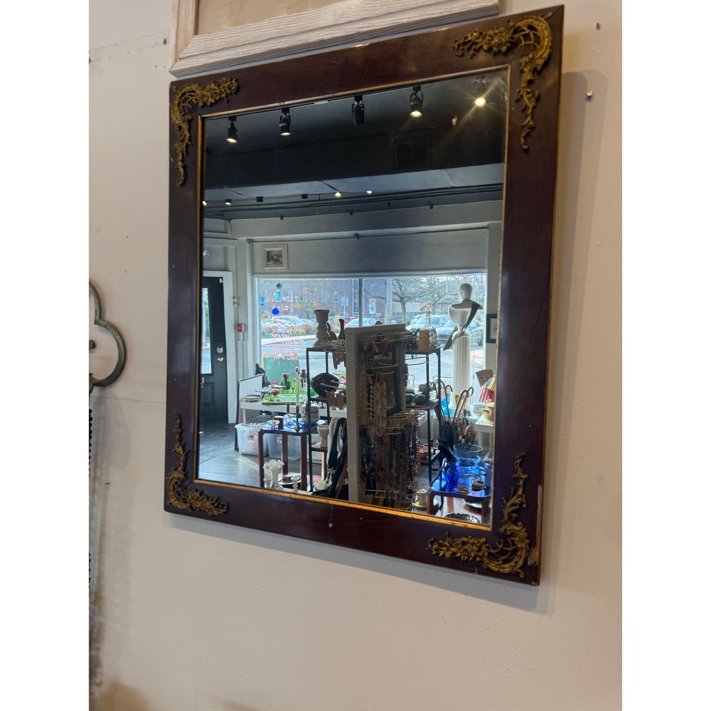 Antique Wooden Framed Mirror With Ornate Brass Floral Corner Accents