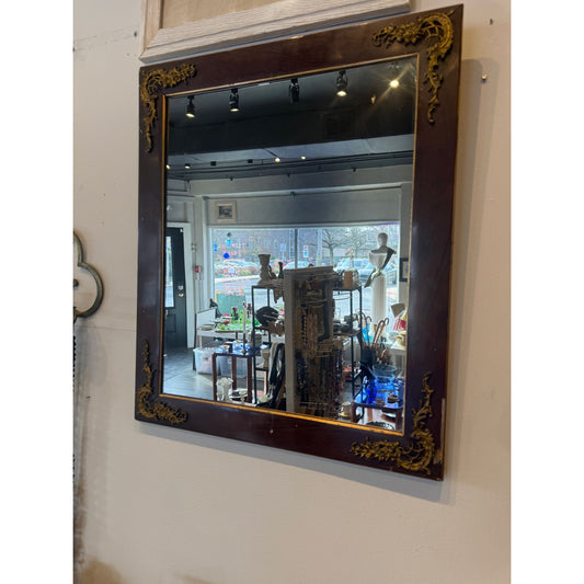 Antique Wooden Framed Mirror With Ornate Brass Floral Corner Accents