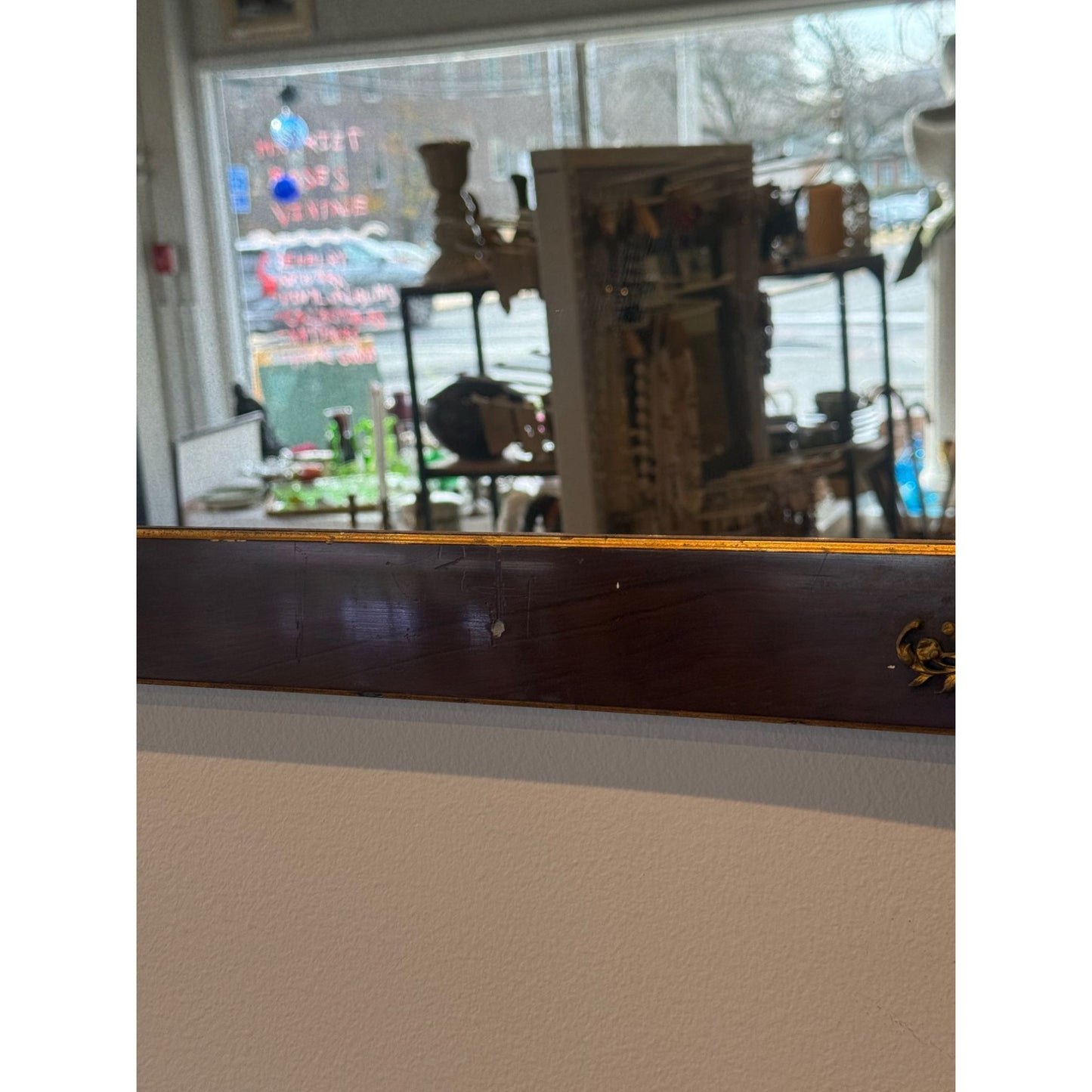 Antique Wooden Framed Mirror With Ornate Brass Floral Corner Accents