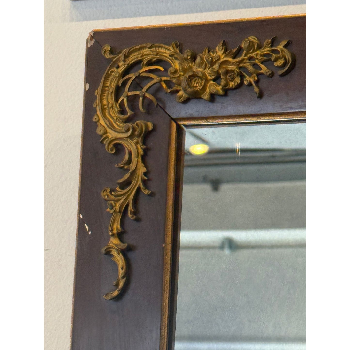 Antique Wooden Framed Mirror With Ornate Brass Floral Corner Accents