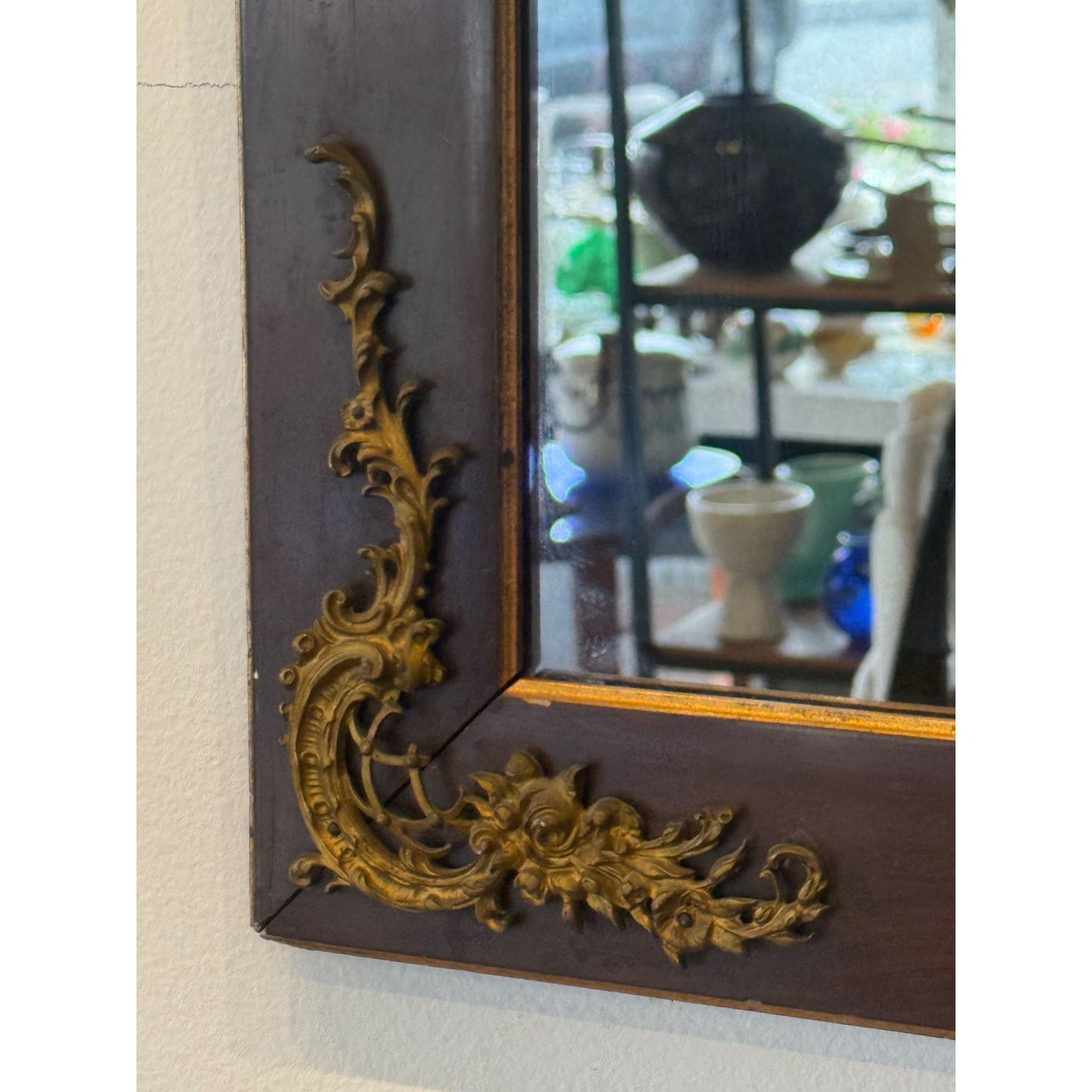 Antique Wooden Framed Mirror With Ornate Brass Floral Corner Accents