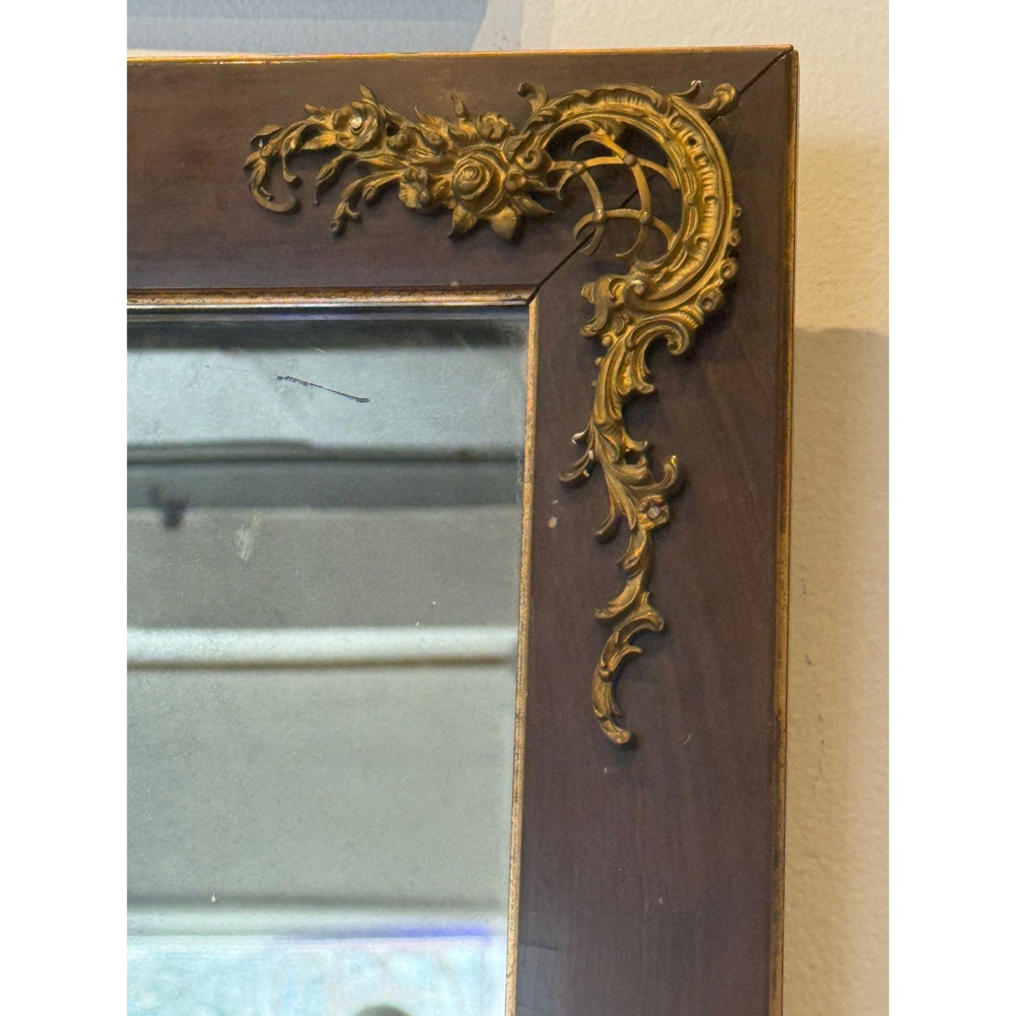 Antique Wooden Framed Mirror With Ornate Brass Floral Corner Accents